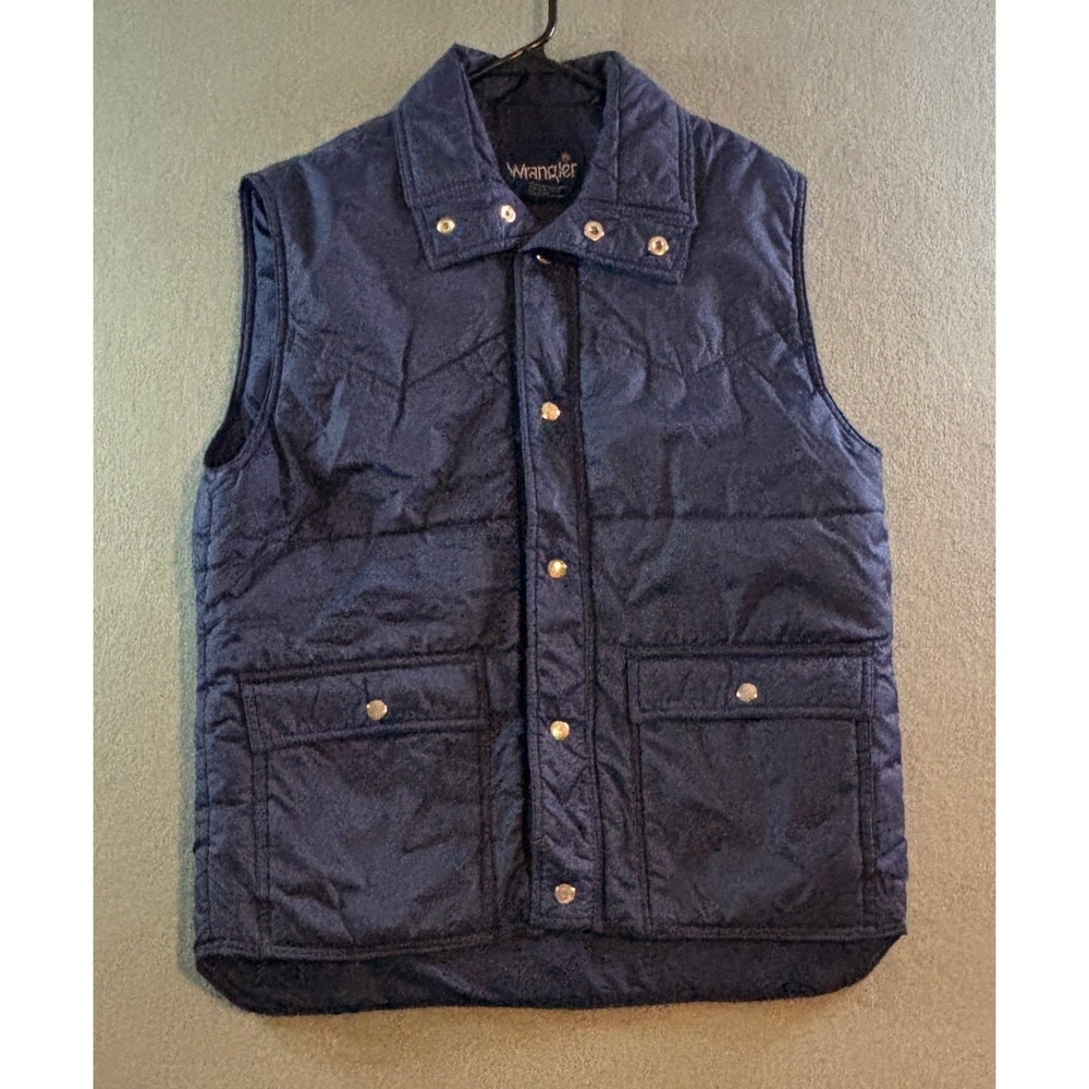 VTG Wrangler Puffer Vest Mens M Navy Blue Quilted Western Snap Front 80s 90s
